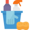 Seau avec des équipements de nettoyage